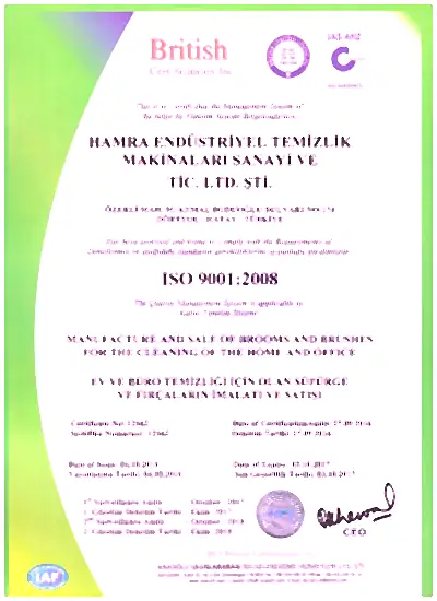 Sertifikat historis ISO 9001:2008 pabrikan Hamra Makina